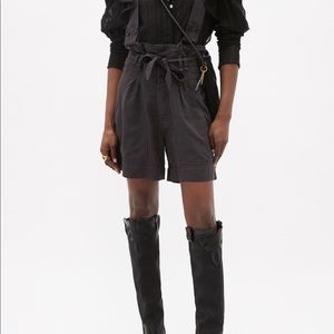 NWT $570 Isabel Marant Flink Shorts Faded Black Paperbag Overalls Romper sz 34.